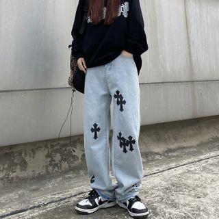 Cross Print Washed Wide Leg Jeans