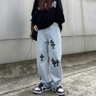 Cross Print Washed Wide Leg Jeans