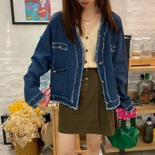 V-neck Crop Denim Jacket Blue - One Size