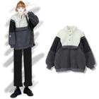 Mock-neck Half-buttoned Fleece Sweatshirt White & Dark Gray - One Size