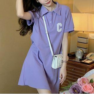 Elbow-sleeve Polo Neck Lettering Mini Sheath Dress