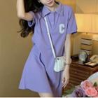 Elbow-sleeve Polo Neck Lettering Mini Sheath Dress