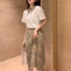 Set: Short-sleeve Collared Top + Leopard Print Accordion Pleat Skirt