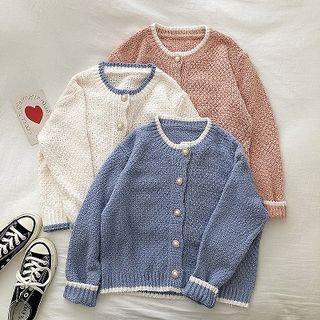 Color-block Single-breasted Crewneck Long-sleeve Cardigan