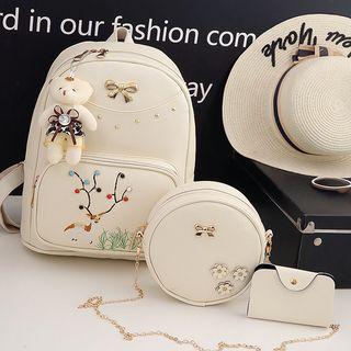 Set: Faux Leather Deer Embroidered Backpack + Flower Crossbody Bag + Pouch