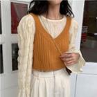 Puff-sleeve Shirred Blouse / Ribbed Camisole Top