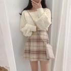 Cable Knit Top / Plaid Mini Skirt