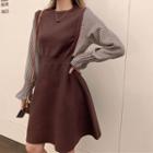 Long-sleeve Houndstooth Panel Knit A-line Dress