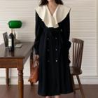 Long-sleeve Double-breasted Midi A-line Dress Black - One Size