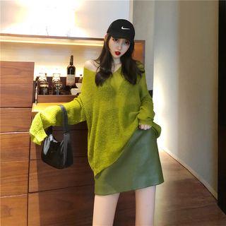V-neck Plain Open-knit Sweater
