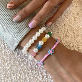 Set Of 3: Faux Pearl And Flowers Beads Bracelet Multicolor - One Size