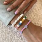 Set Of 3: Faux Pearl And Flowers Beads Bracelet Multicolor - One Size