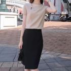 Short-sleeve Tie-neck Blouse / Skinny Pants / Pencil Skirt / Set
