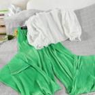 Set: Puff-sleeve Off-shoulder Shirred Crop Top + Wide Leg Pants Top - White - One Size / Pants - Green - One Size