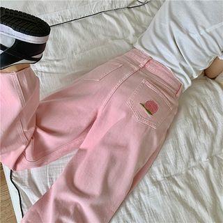 Peach Embroidered High Waist Straight Leg Jeans