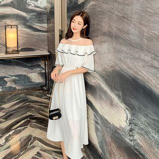Bell-sleeve Mesh Panel Midi A-line Dress