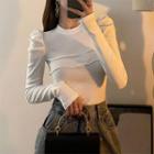 Puff Long-sleeve Round-neck Cropped Plain Top