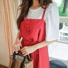 Buttoned Midi Pinafore Dress With Sash