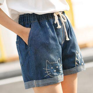 Embroidered Cat Drawcord Shorts