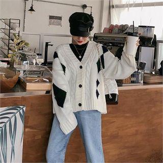 V-neck Argyle Cable Knit Cardigan