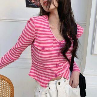 Long-sleeve Pocket-detail Striped Cardigan