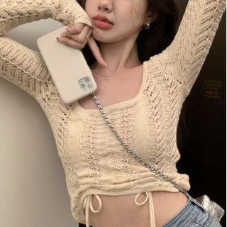 Long-sleeve Drawstring Knit Crop Top Almond - One Size