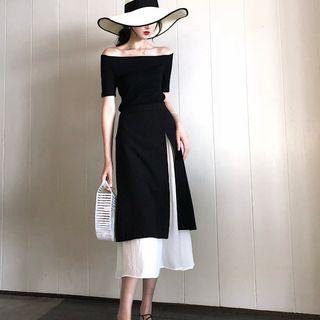 Set: Plain Off Shoulder Short Sleeve Knit Top + Color Panel Midi Skirt