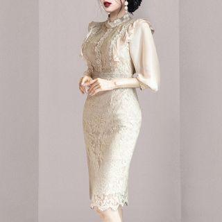 Puff-sleeve Ruffled Lace Sheath Dress
