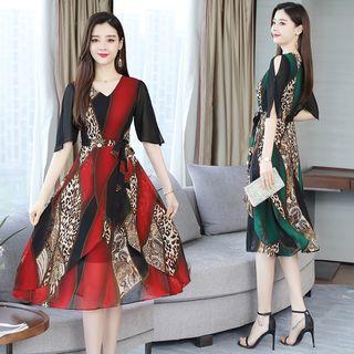 Leopard Print Midi A-line Chiffon Dress