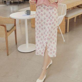 Slit-front Floral Long Silky Skirt