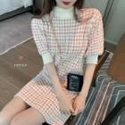 Short-sleeve Mock-neck Houndstooth Knit Mini Dress Houndstooth - White & Pink - One Size