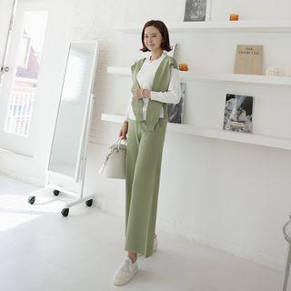Set: Layered Color-block Knit Top + Band-waist Pants