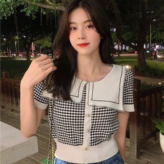 Short-sleeve Sailor-collar Button-up Plaid Knit Crop Top