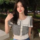 Short-sleeve Sailor-collar Button-up Plaid Knit Crop Top