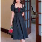 Puff Short-sleeve Square-neck Embossed Dress