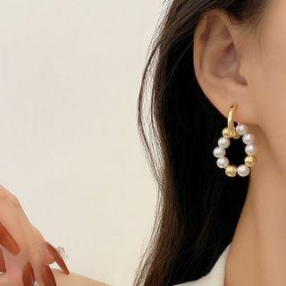 Faux Pearl Hoop Alloy Dangle Earring E4338 - 1 Pair - 925 Silver - Gold & White - One Size