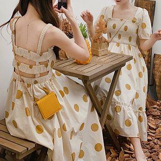 Puff Short Sleeve Square Neck Dot Print Dress / Cutout Sleeveless Smocked Dress