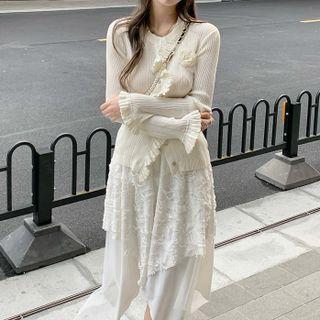 Ruffle Trim Knit Top / Irregular Midi A-line Skirt
