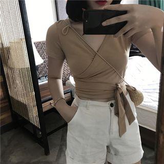 V-neck Short-sleeve Tie-waist T-shirt