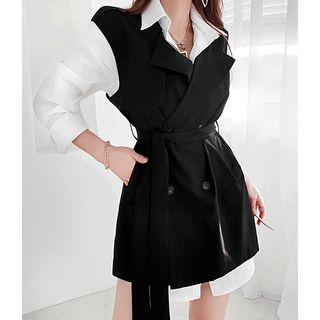 Set: Plain Shirtdress + Double-breasted Vest With Sash