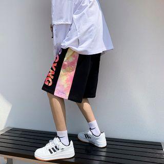Lettering Print Tie-dye Trim Wide Leg Shorts