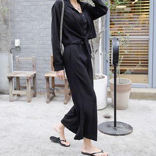 Set: Tie-hem Shirt + Smocked Tube Top + Wide-leg Pants
