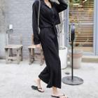 Set: Tie-hem Shirt + Smocked Tube Top + Wide-leg Pants