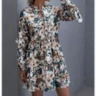 Ruffle Trim Tie-neck Floral Mini A-line Dress