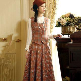 Long-sleeve Blouse / Plaid Vest / Midi A-line Skirt / Set