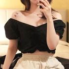 Off-shoulder Puff-sleeve Crop Top Black - One Size