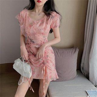 Short-sleeve Floral Print Drawcord Mini Sheath Dress