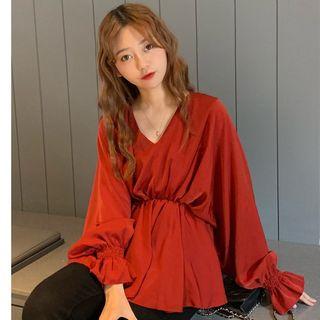V-neck Long-sleeve Ruffle Trim Top