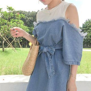 Denim Mock Two-piece Elbow-sleeve Midi Dress