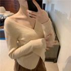 Long-sleeve V-neck Top Beige Almond - One Size